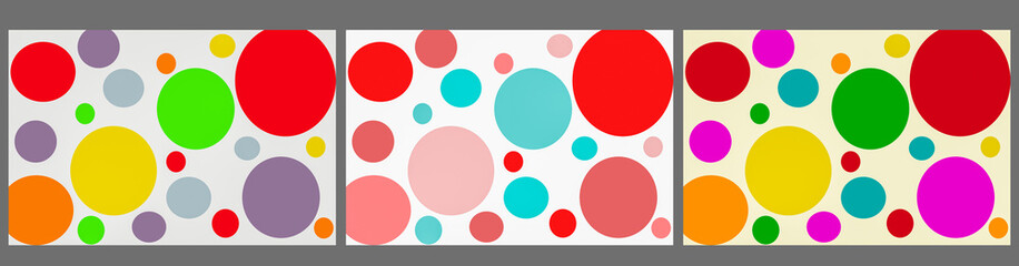 Rainbow Bright Circles On A White Background. A set of three horizontal posters in multicolored polka dots.A modern design template for a leaflet, banner, poster.illustrations of background wallpapers