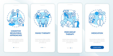 Conduct disorder treatment blue onboarding mobile app screen. Walkthrough 4 steps graphic instructions pages with linear concepts. UI, UX, GUI template. Myriad Pro-Bold, Regular fonts used