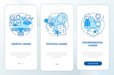 Conduct disorder causes blue onboarding mobile app screen. Mental issue. Walkthrough 3 steps graphic instructions pages with linear concepts. UI, UX, GUI template. Myriad Pro-Bold, Regular fonts used