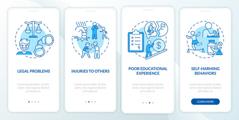 Fototapeta na wymiar Effects of conduct disorder blue onboarding mobile app screen. Walkthrough 4 steps graphic instructions pages with linear concepts. UI, UX, GUI template. Myriad Pro-Bold, Regular fonts used