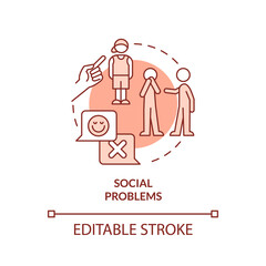 Social problems red concept icon. Coevals rejection. Adolescence issues. Risk factors abstract idea thin line illustration. Isolated outline drawing. Editable stroke. Arial, Myriad Pro-Bold fonts used