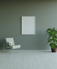 interior of a room with a armchair and monstera plant,with mock up poster frame on green wall