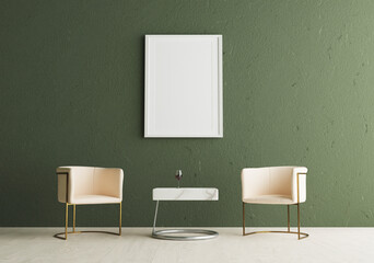 room with a chairs and frame on green wall