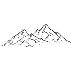 Mountains in engraving style. Nature landscape of highlands. Hand drawn design. Rocky ridge.