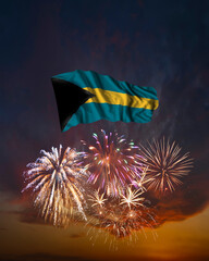 Holiday fireworks and flag of Bahamas
