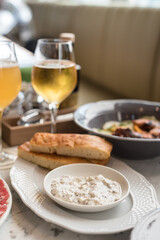 Fresh Italian Cheese Stracciatella with Truffles Served with Focaccia Bread. Antipasto Appetizer