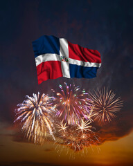 Holiday fireworks and flag of Dominican Republic