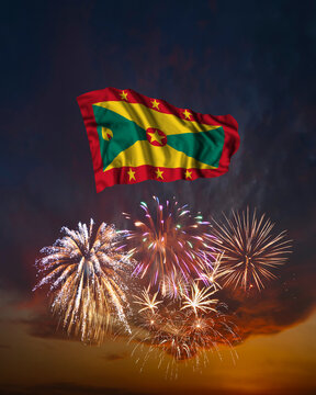 Holiday fireworks and flag of Grenada