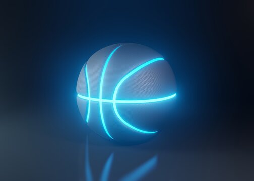 Basketball with futuristic blue glowing neon lights on a dark background with copy space in a conceptual image. 3d rendering illustration