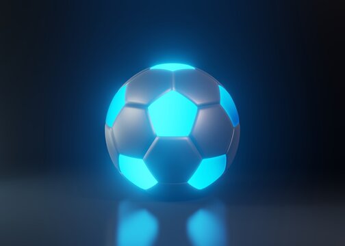 Soccer ball or football with futuristic blue glowing neon lights on a dark background with copy space in a conceptual image. 3d rendering illustration
