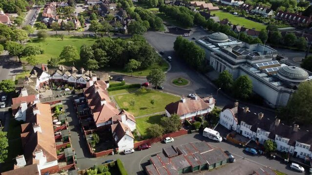 Drone shot over houses in Port Sunlight Village