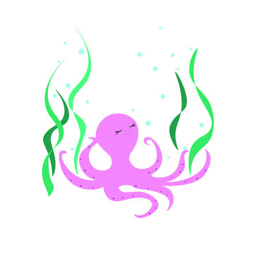 Cartoon octopus and algae on a white background, vector illustration