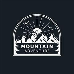Badge with mountains, birds and the sun. Outline vector illustration for t-shirt prints, posters and other uses.