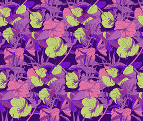 Fototapeta na wymiar A night flower blooming in the garden. Vector seamless pattern for printing on fabrics, clothing and paper.