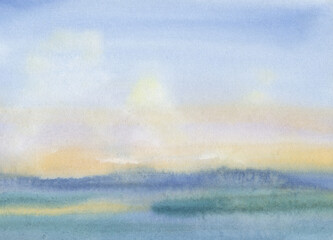 Abstract, watercolor landscape, sunset sky over the sea. Decorative colorful texture. Bright watercolor painting.
