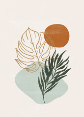 Botanical vintage print boho sun minimalist wall art abstract home decor - 488044842