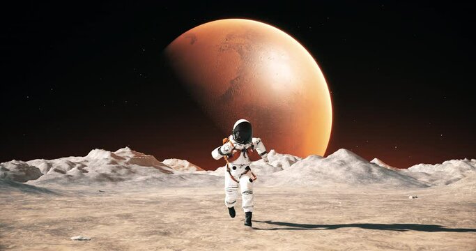 Astronaut Running On A Planet Surface. Making First Steps. Mars Colonization Concept. Space Related Majestic Scene. Slow Motion.
