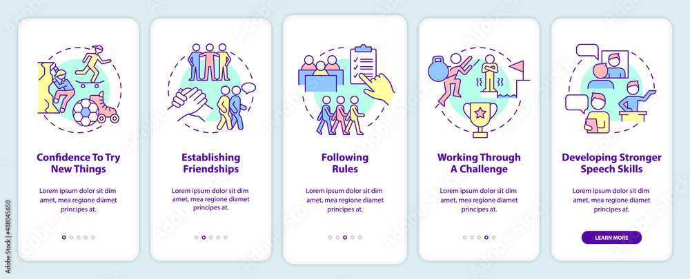 Poster signs of healthy child development onboarding mobile app screen. walkthrough 5 steps graphic instruc