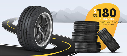 The tire of the car is on the road. Advertising banner. A bunch of wheels against the backdrop of stylized mountains. Web design. Promotion. Advertising for the sale of winter and summer wheels. - obrazy, fototapety, plakaty