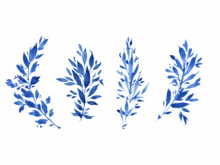 Set of watercolor blue twigs on a white isolated background. Stylized monochromatic twigs with leaves. Details for floral ornament.