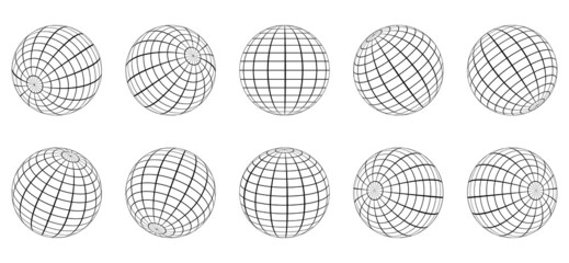 Globe Grid Sphere Set. 3D Wire Global Earth Latitude, Longitude. Geometric Grid Globe. Round Grid Mesh Ball. Wired Line 3D Planet Globe. Wireframe Globe Surface. Isolated Vector Illustration