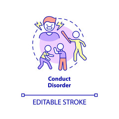 Conduct disorder concept icon. Childhood mental disorder abstract idea thin line illustration. Antisocial behavior. Isolated outline drawing. Editable stroke. Arial, Myriad Pro-Bold fonts used