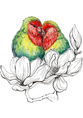 Inseparable parrots on magnolia flowers.Idea for summer time.Print for posters,stickers,t-shirts,bags,aprons,caps.