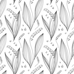 Vector seamless floral pattern. Lillies of the valley hand-drawn background. Artistic botanical backdrop. - obrazy, fototapety, plakaty