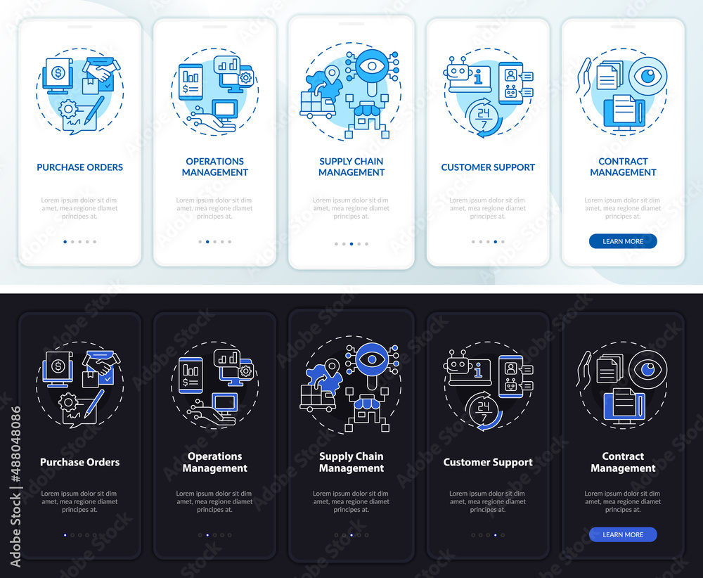 Poster business automation night and day mode onboarding mobile app screen. walkthrough 5 steps graphic ins