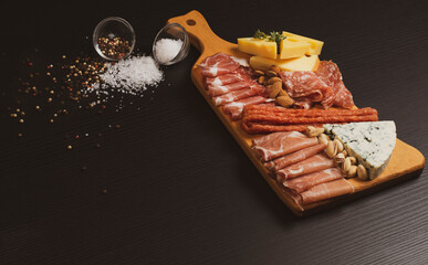 Charcuterie and cheese board with a place for text. Prosciutto di Parma ham, blue cheese. Italian...