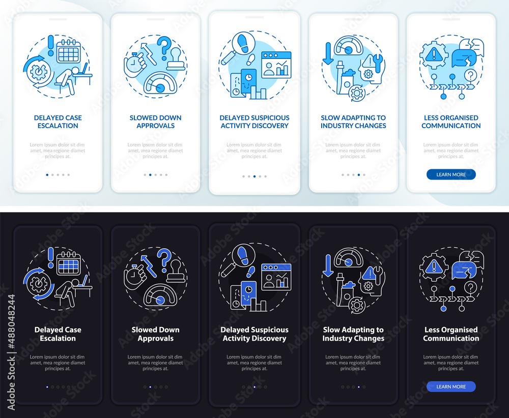Poster bpa challenges night and day mode onboarding mobile app screen. walkthrough 5 steps graphic instruct