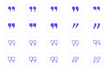 Set of Quotation Mark Line and Silhouette Icon. Double Comma Signs of Quote. Quote Mark Symbols Collection on White Buttons. Punctuation Icon of Speech. Isolated Vector Illustration