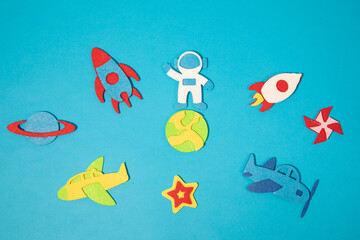 The launch into space. Flying rocket through the clouds. Start up of the space rocket. Rocket ship in flat design on blue background. 3d paper . Concept of business launch. Paper cut. High quality