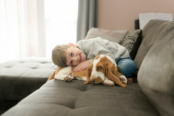 Happy kid in living room at home with Basset dog