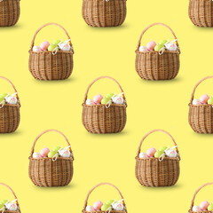 Easter seamless pattern of basket with colorful eggs on yellow background.