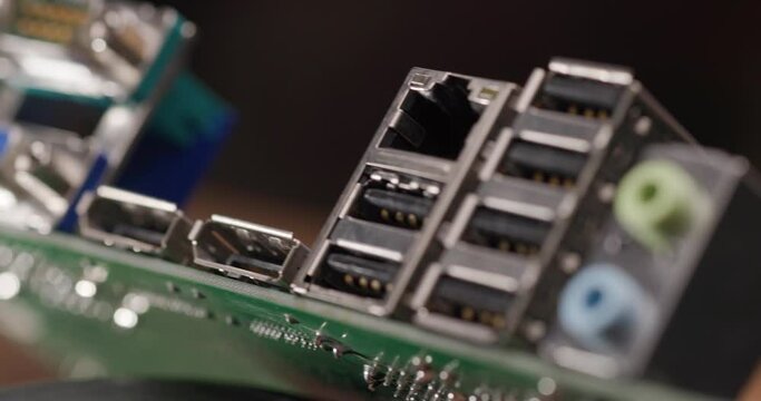 Computer motherboard. CPU socket. Memory dimm. PCI ports. External shots.Macro shots. 4k 23.976