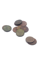 Isolated photos of ancient copper coins of Russia of the 17th century
