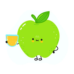Cute green apple with glass of juice. Vector hand drawn doodle style cartoon character illustration icon design. Card with cute happy green apple and apple juice