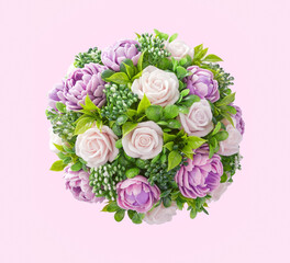 Bunch white and purple roses at pink background. Top view.
