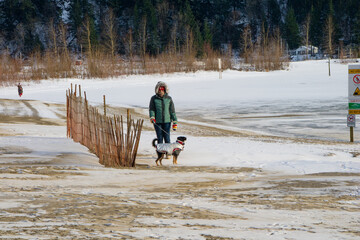 Passeando com o cachorro na neve a beira mar, com bastante casacos
