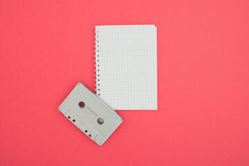Music A6 notebook wire binding mock up blank template design idea. Gray music cassette mockup...