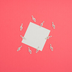 Music Square leaflet mock up blank template design idea. Gray violin keys mockup against pastel...