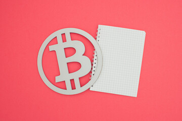 Bitcoin A6 notebook wire binding mock up blank template design idea. Gray bitcoin symbol mockup...