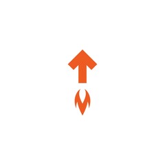 red arrow up with rocket fire icon. Launch icon. Upgrade sign. Fast growth symbol. Speed, grow up, increase