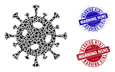 Round WARNING H1N1 scratched seals with tag inside round forms, and debris mosaic covid virus icon. Blue and red stamp seals includes WARNING H1N1 tag. Covid virus mosaic icon of debris elements.