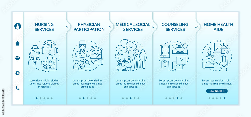 Aufkleber provided services of hospice care turquoise gradient onboarding template. responsive mobile website 