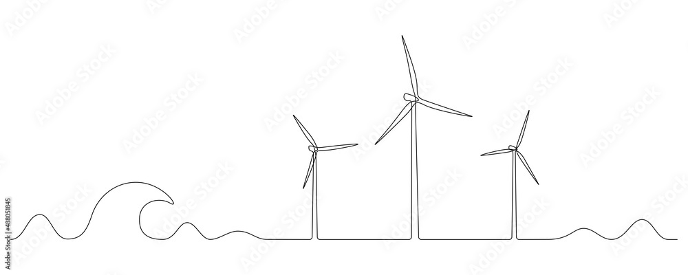Poster wind farm turbines and windmill at the sea in one continuous line drawing. green energy and renewabl