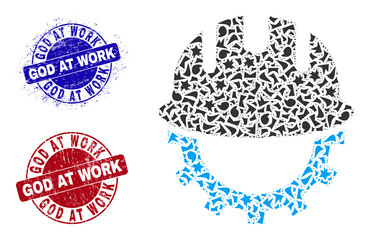 Round GOD AT WORK grunge stamps with caption inside round shapes, and detritus mosaic development hardhat icon. Blue and red stamps includes GOD AT WORK caption.