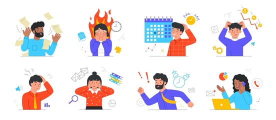 Fototapeta premium Set of busy people in stress and fatigue at work. Men and women get tired because of business problems, lot of work and short deadlines. Cartoon flat vector collection isolated on white background