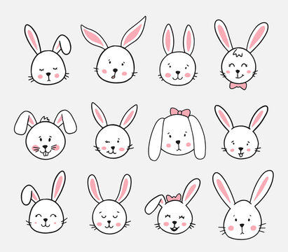 12 hand drawn rabbits for stickers, icons, prints, cards, labels, tags, easter decor, etc. Bunny, rabbit head, cartoon drawing, etc. EPS 10